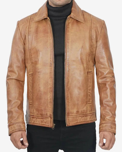 Mens Shirt Collar Yellow Waxed Leather Jacket