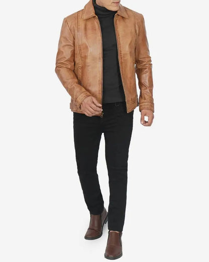 Mens Shirt Collar Yellow Waxed Leather Jacket