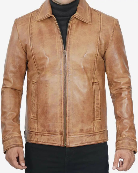 Mens Shirt Collar Yellow Waxed Leather Jacket