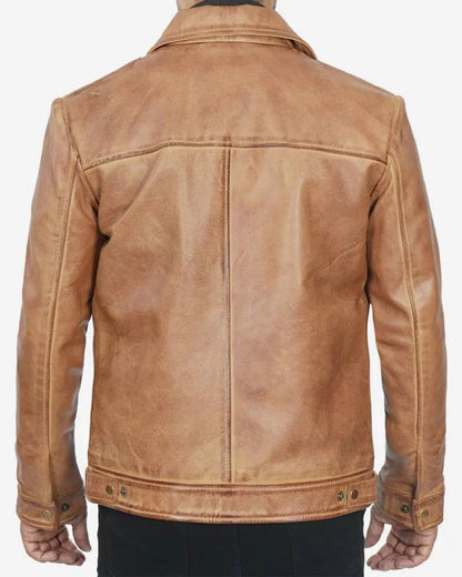 Mens Shirt Collar Yellow Waxed Leather Jacket
