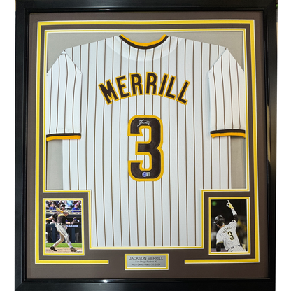 Framed Autographed/Signed Jackson Merrill 35x39 San Diego Pinstripe Baseball Jersey Beckett BAS COA