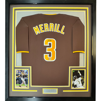 Framed Autographed/Signed Jackson Merrill 35x39 San Diego Brown Baseball Jersey Beckett BAS COA