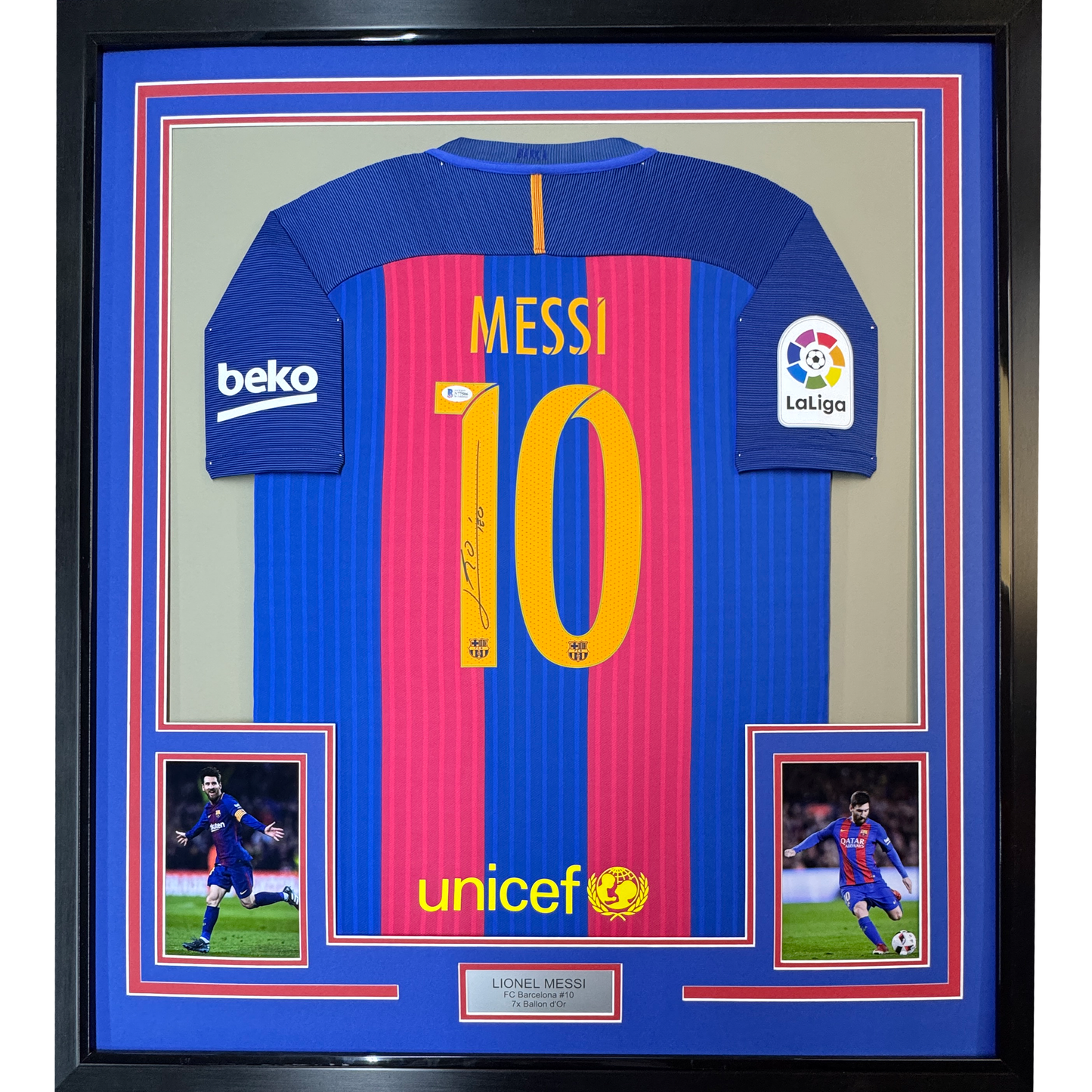 Framed Autographed/Signed Lionel Leo Messi 35x39 FC Barcelona Soccer Jersey Beckett BAS COA #4