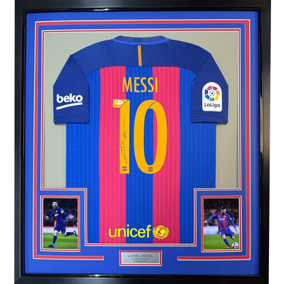 Framed Autographed/Signed Lionel Leo Messi 35x39 FC Barcelona Soccer Jersey Beckett BAS COA #4
