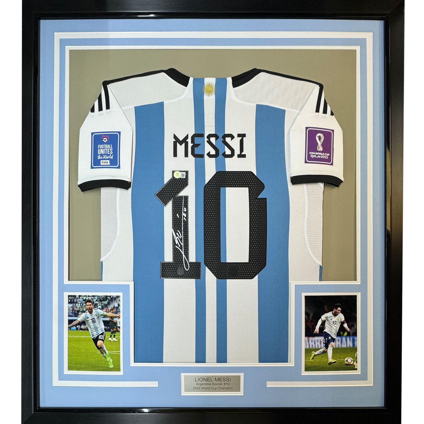 Framed Autographed/Signed Lionel Leo Messi 35x39 Argentina Blue/White Soccer Jersey Beckett BAS COA