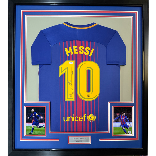 Framed Autographed/Signed Lionel Leo Messi 35x39 FC Barcelona Blue Soccer Jersey Beckett BAS COA Auto