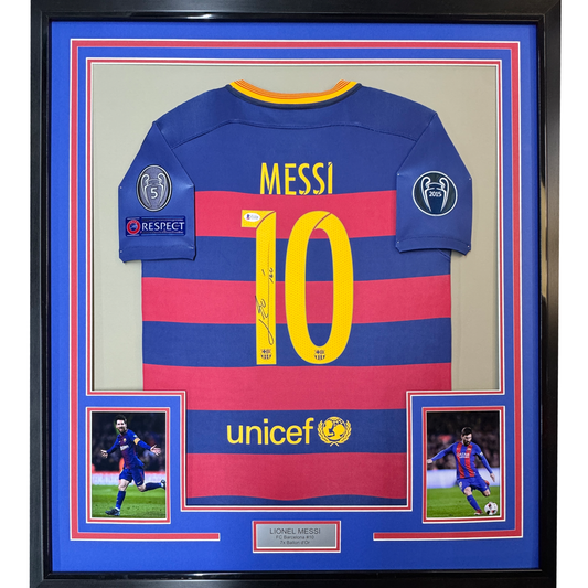 Framed Autographed/Signed Lionel Leo Messi 35x39 FC Barcelona Soccer Jersey Beckett BAS COA