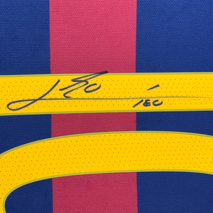 Framed Autographed/Signed Lionel Leo Messi 35x39 FC Barcelona Soccer Jersey Beckett BAS COA