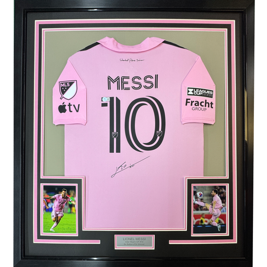 Framed Autographed/Signed Lionel Leo Messi 35x39 Inter Miami Pink Soccer Jersey Beckett BAS COA