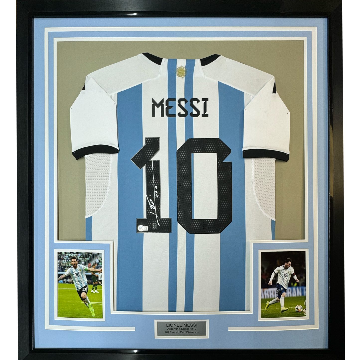 Framed Autographed/Signed Lionel Leo Messi 35x39 Argentina Blue/White Soccer Jersey Beckett BAS COA/LOA #2