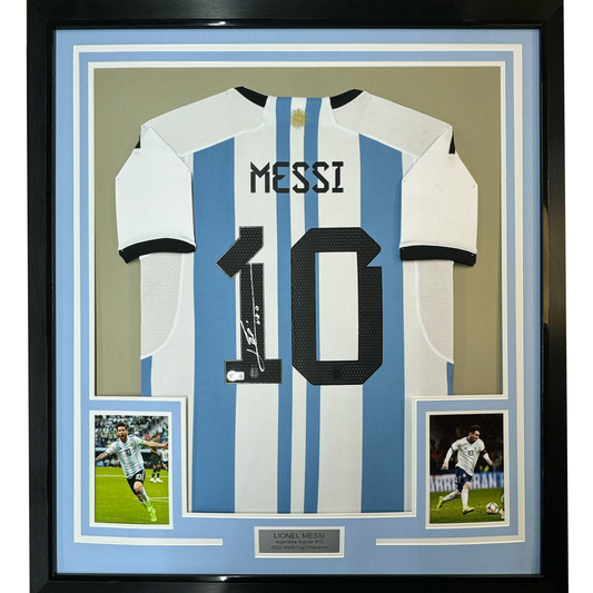 Framed Autographed/Signed Lionel Leo Messi 35x39 Argentina Blue/White Soccer Jersey Beckett BAS COA/LOA #2