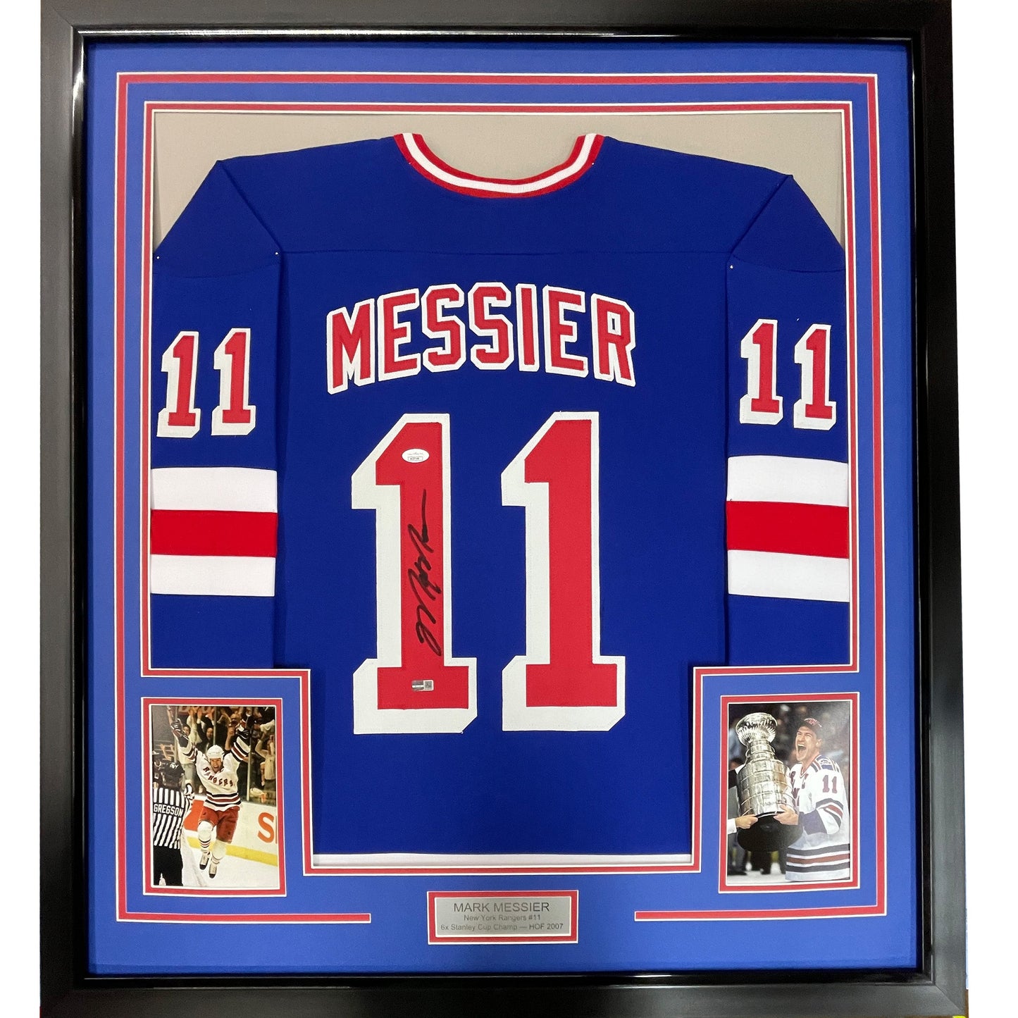 Framed Autographed/Signed Mark Messier 35x39 New York Blue Hockey Jersey JSA COA