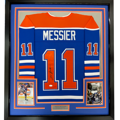 Framed Autographed/Signed Mark Messier 35x39 Edmonton Blue Hockey Jersey JSA COA