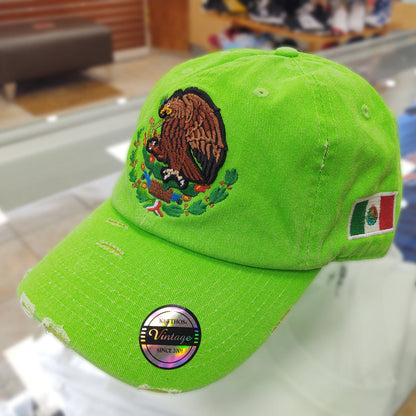 Mexico Vintage Hats With Mexican Flag and Shield Neon Green Hat