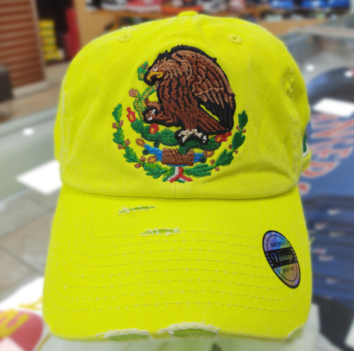 Mexico Vintage Hats With Mexican Flag and Shield Neon Lime Hat
