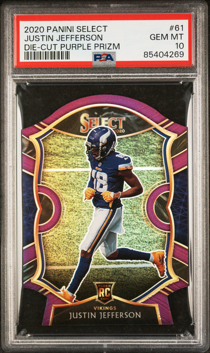 Graded 2020 Panini Select Justin Jefferson #61 Die Cut Purple Prizm Rookie RC Football Card PSA 10 Gem Mint