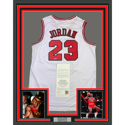 Framed Autographed/Signed Michael Jordan 35x39 Chicago White Basketball Jersey Upper Deck UDA COA