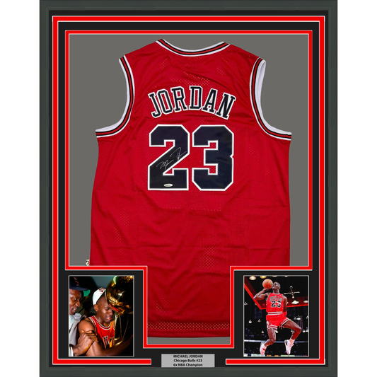 Framed Autographed/Signed Michael Jordan 35x39 Chicago Red Basketball Jersey Upper Deck UDA COA