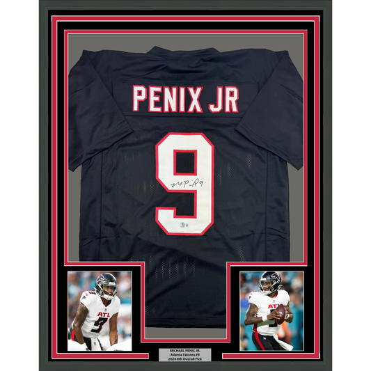 Framed Autographed/Signed Michael Penix Jr. 35x39 Atlanta Black Football Jersey Beckett BAS COA