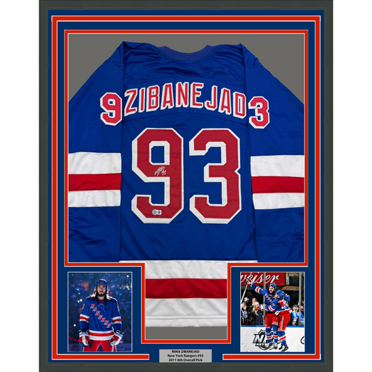 Framed Autographed/Signed Mika Zibanejad 35x39 New York Blue Hockey Jersey Beckett BAS COA