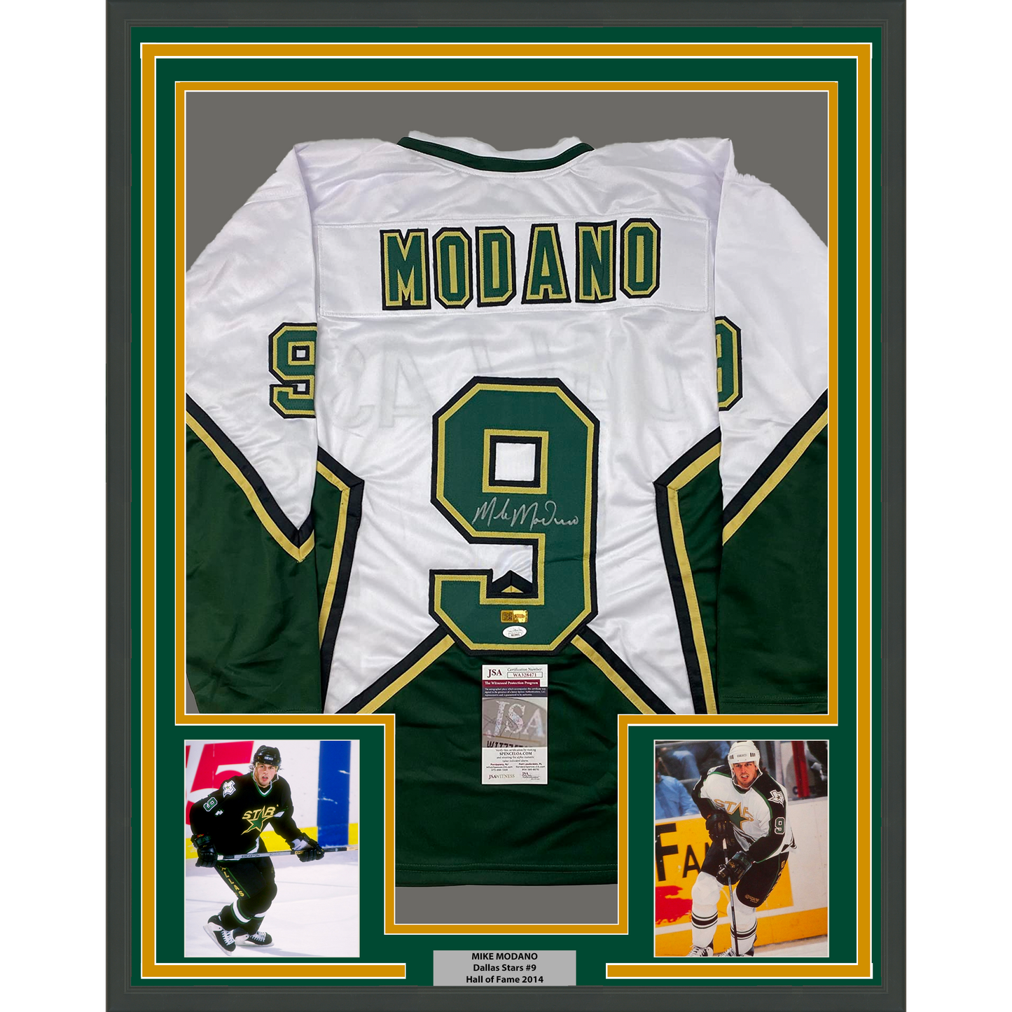 Framed Autographed/Signed Mike Modano 35x39 Dallas White Hockey Jersey Beckett BAS COA