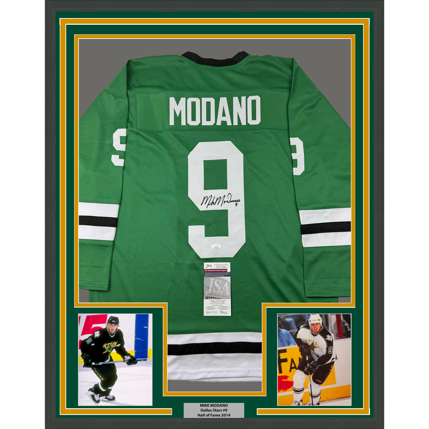 Framed Autographed/Signed Mike Modano 35x39 Dallas Green Retro Hockey Jersey Beckett BAS COA