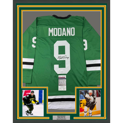 Framed Autographed/Signed Mike Modano 35x39 Dallas Green Retro Hockey Jersey Beckett BAS COA