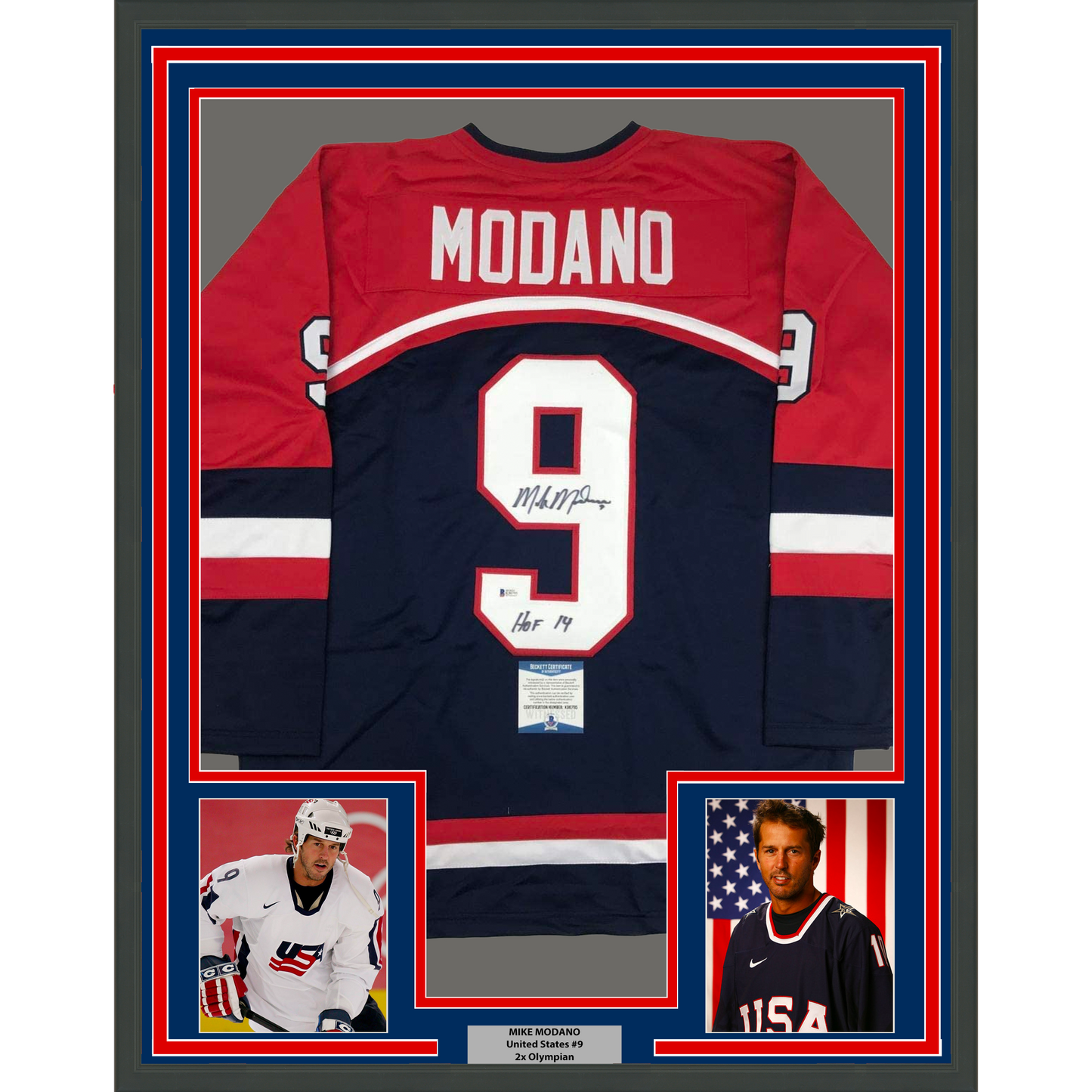 Framed Autographed/Signed Mike Modano 35x39 HOF 2014 United States USA Blue Hockey Jersey Beckett BAS COA