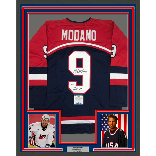 Framed Autographed/Signed Mike Modano 35x39 HOF 2014 United States USA Blue Hockey Jersey Beckett BAS COA