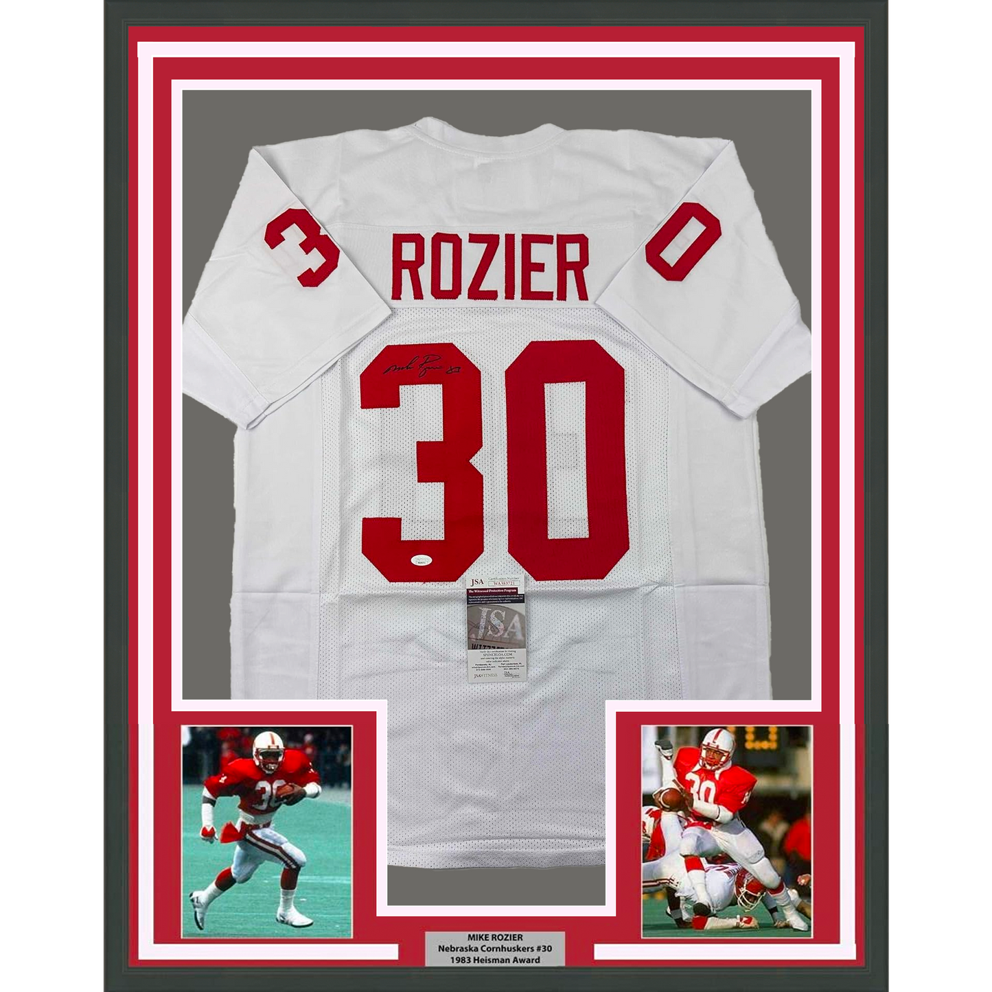 Framed Autographed/Signed Mike Rozier 35x39 Nebraska White College Football Jersey JSA COA