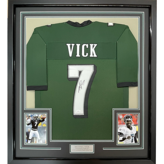 Framed Autographed/Signed Michael Mike Vick 35x39 Philadelphia Green Football Jersey PSA/DNA COA
