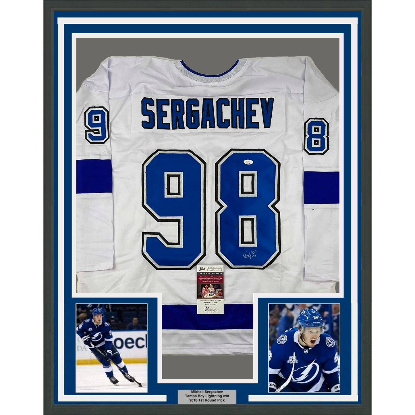 Framed Autographed/Signed Mikhail Sergachev 35x39 Tampa Bay White Hockey Jersey JSA COA