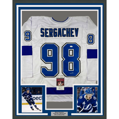 Framed Autographed/Signed Mikhail Sergachev 35x39 Tampa Bay White Hockey Jersey JSA COA