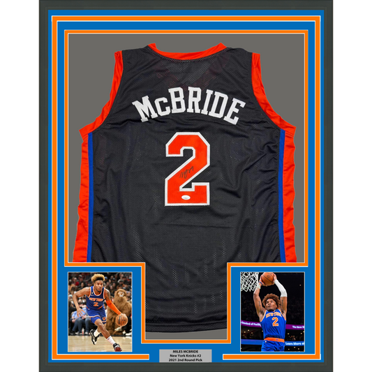 Framed Autographed/Signed Miles Deuce McBride 35x39 New York Black Basketball Jersey JSA COA