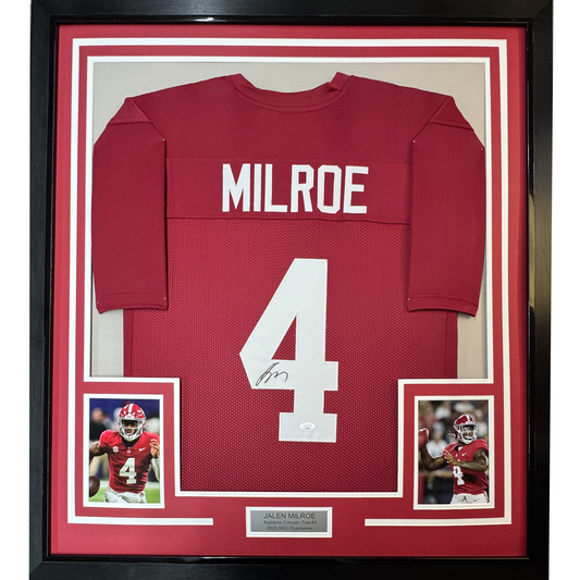 Framed Autographed/Signed Jalen Milroe 35x39 Alabama Red College Football Jersey JSA COA