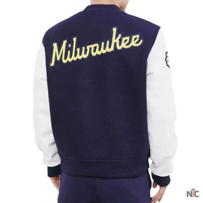 Milwaukee Brewers Blue and White Letterman Jacket