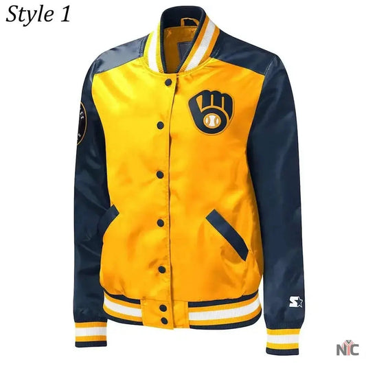 Milwaukee Brewers Gold and Navy Varsity Satin Jacket