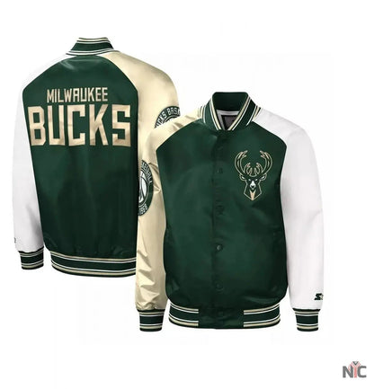 Milwaukee Bucks Hunter Green and Cream Varsity Satin Jacket