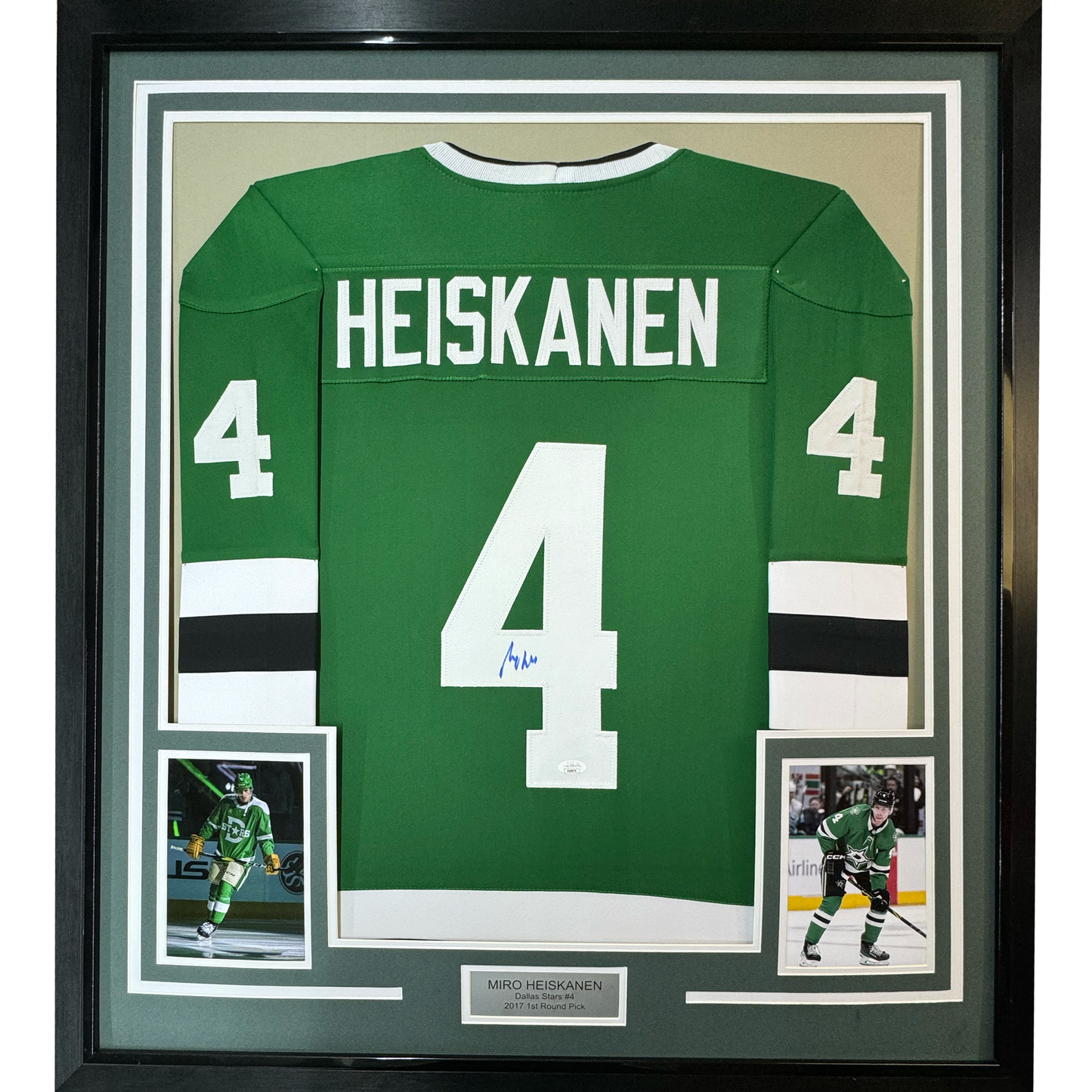 Framed Autographed/Signed Miro Heiskanen 35x39 Dallas Green Retro Hockey Jersey JSA COA
