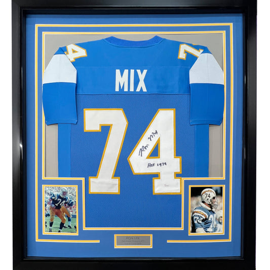 Framed Autographed/Signed Ron Mix HOF 1979 35x39 San Diego Powder Blue Football Jersey JSA COA