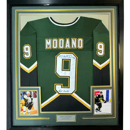 Framed Autographed/Signed Mike Modano HOF 2014 35x39 Dallas Dark Green Hockey Jersey Beckett BAS COA