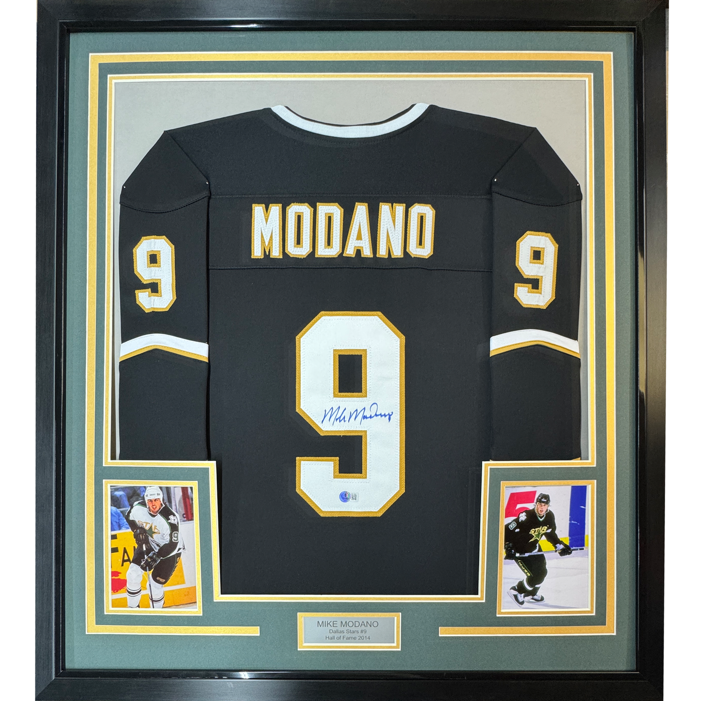 Framed Autographed/Signed Mike Modano 35x39 Dallas Black Hockey Jersey Beckett BAS COA