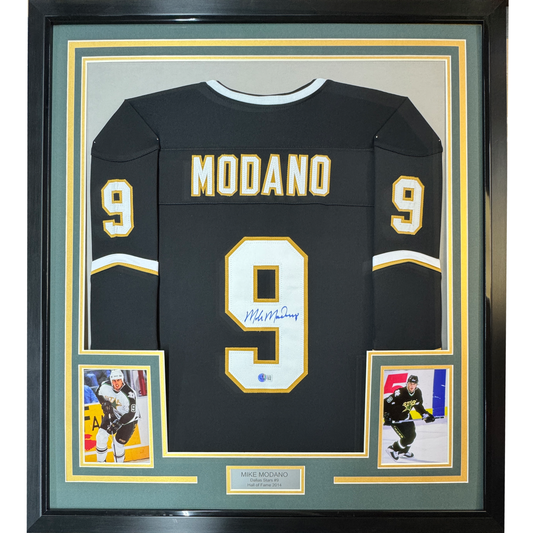 Framed Autographed/Signed Mike Modano 35x39 Dallas Black Hockey Jersey Beckett BAS COA
