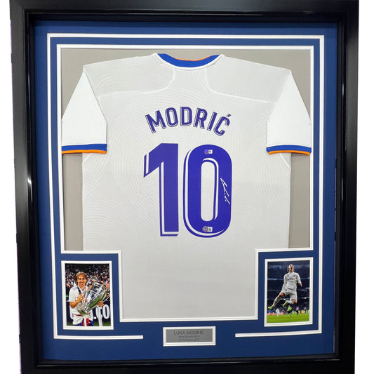 Framed Autographed/Signed Luka Modric 35x39 Real Madrid White Soccer Jersey Beckett BAS COA