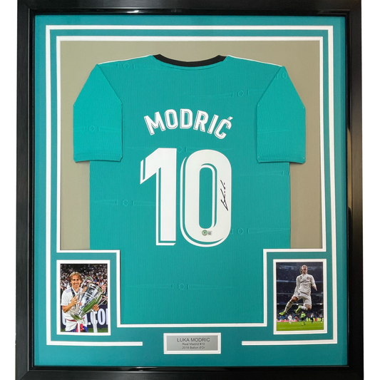 Framed Autographed/Signed Luka Modric 35x39 Real Madrid Teal Soccer Jersey Beckett BAS COA