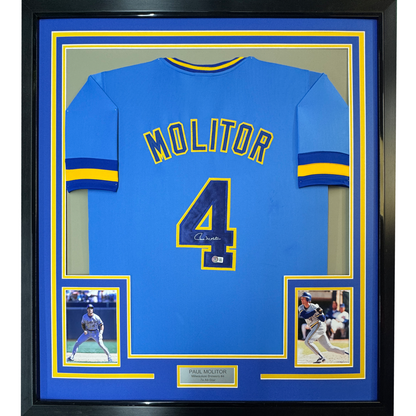 Framed Autographed/Signed Paul Molitor 35x39 Milwaukee Blue Baseball Jersey JSA COA