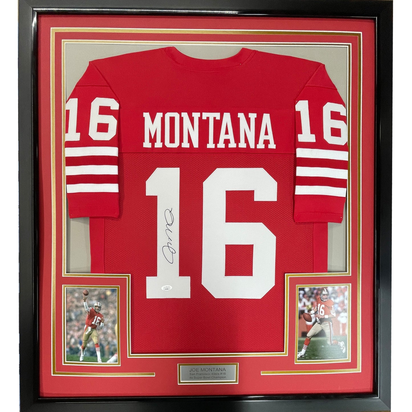 Framed Autographed/Signed Joe Montana 35x39 San Francisco Red Football Jersey JSA COA