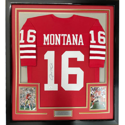 Framed Autographed/Signed Joe Montana 35x39 San Francisco Red Football Jersey JSA COA