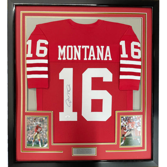 Framed Autographed/Signed Joe Montana 35x39 San Francisco Red Football Jersey JSA COA