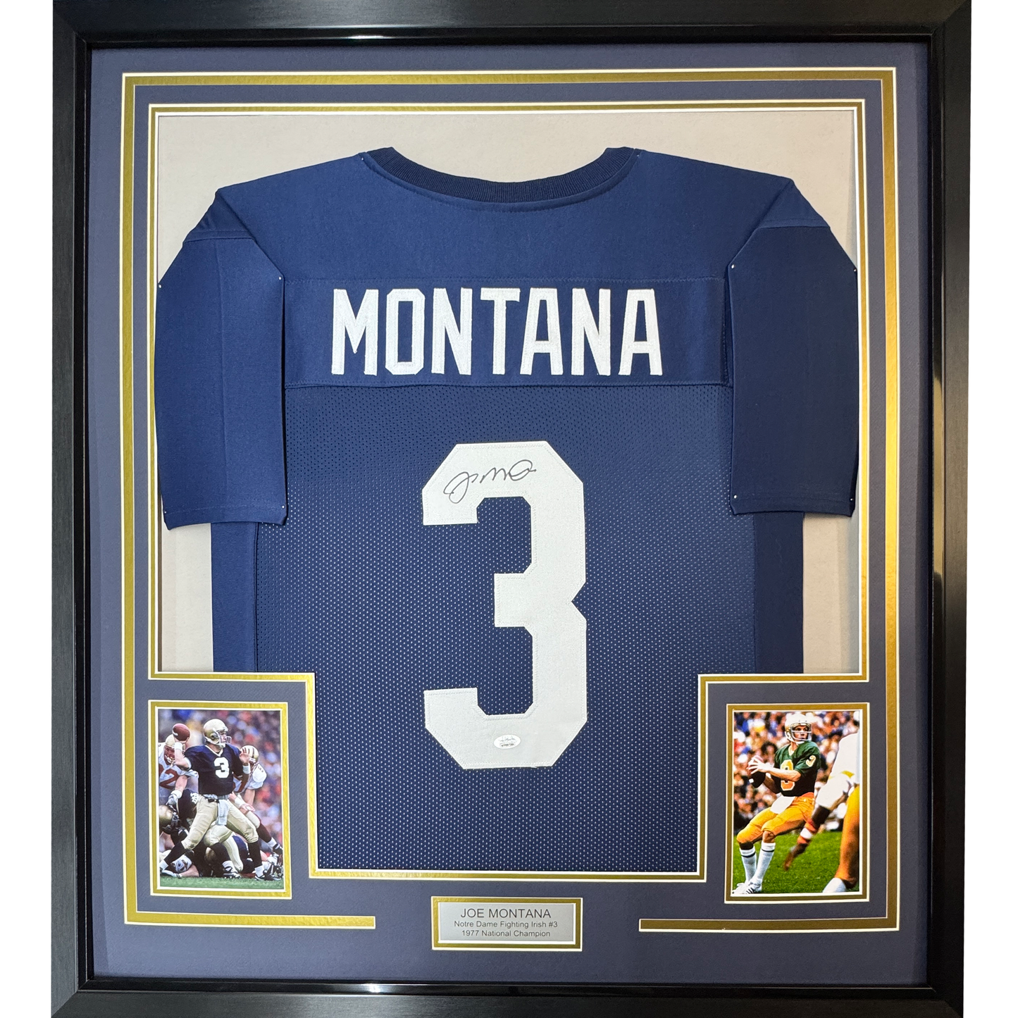 Framed Autographed/Signed Joe Montana 35x39 Notre Dame Blue College Football Jersey JSA COA